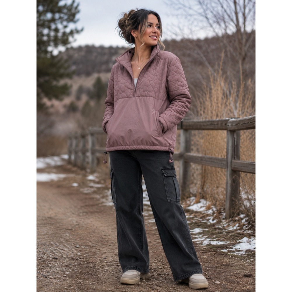 Avia Dusty Mauve Quilted Anorak Jacket Women's M Quarter Zip
